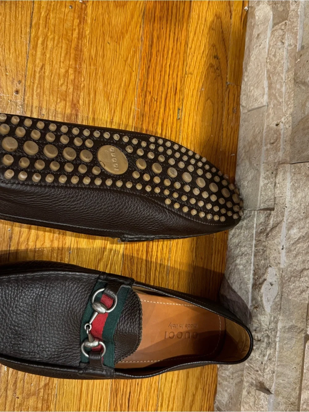 Gucci Brown Leather Horsebit Loafers with Green and Red Web